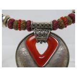 Large & Lovely Vintage Woven Thread Necklace w/Hammered Silver Pendant