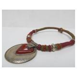 Large & Lovely Vintage Woven Thread Necklace w/Hammered Silver Pendant