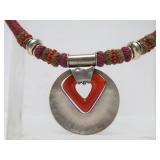 Large & Lovely Vintage Woven Thread Necklace w/Hammered Silver Pendant