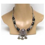 Excellent Berber/Moroccan Silver Pendant Necklace w/Handblown Glass Beads