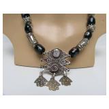 Excellent Berber/Moroccan Silver Pendant Necklace w/Handblown Glass Beads