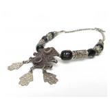 Excellent Berber/Moroccan Silver Pendant Necklace w/Handblown Glass Beads