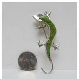 Large Sterling Silver & Inset Green Turquoise Lizard Brooch Pendant