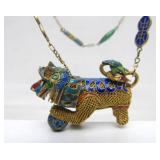 Great Looking Vintage Enameled Brass Chinese Lion or Foo Dog Pendant Necklace