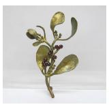 Large Signed Mistletoe Brooch w/Garnets