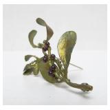 Large Signed Mistletoe Brooch w/Garnets