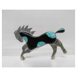 Signed Native American Sterling Silver Horse Brooch Pendant w/Jet Stone & Opal