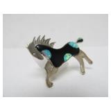 Signed Native American Sterling Silver Horse Brooch Pendant w/Jet Stone & Opal
