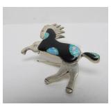 Signed Native American Sterling Silver Horse Brooch Pendant w/Jet Stone & Opal