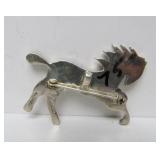 Signed Native American Sterling Silver Horse Brooch Pendant w/Jet Stone & Opal