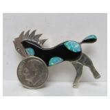 Signed Native American Sterling Silver Horse Brooch Pendant w/Jet Stone & Opal