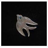 Signed Vintage Hammered Sterling Silver Bird Brooch w/Blue Gemstone Eyes