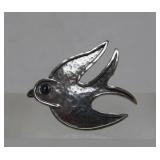 Signed Vintage Hammered Sterling Silver Bird Brooch w/Blue Gemstone Eyes