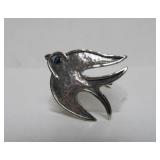 Signed Vintage Hammered Sterling Silver Bird Brooch w/Blue Gemstone Eyes