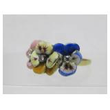 Lovely Signed 14K Gold Ring w/Enameled Flowers & Diamonds - Size 6.5