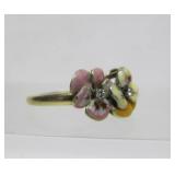 Lovely Signed 14K Gold Ring w/Enameled Flowers & Diamonds - Size 6.5