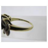 Lovely Signed 14K Gold Ring w/Enameled Flowers & Diamonds - Size 6.5