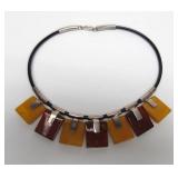 Sterling Silver Leather & Amber-Style Necklace