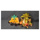 Fall and Halloween Decor Collection with Plush Pumpkin, Ceramic "Give Thanks" Plaque, and Autumn Basket