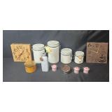 Home Decor Lot with 2 Wall Clocks, Ceramic Canisters, Candles, and Vase