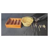 Vintage Flatware and Knife Set with Wooden Organizer, Silverplate Creamer and Wicker Basket