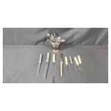 Vintage Flatware and Knife Set with Wooden Organizer, Silverplate Creamer and Wicker Basket