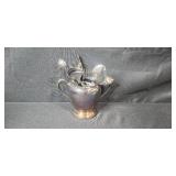 Vintage Flatware and Knife Set with Wooden Organizer, Silverplate Creamer and Wicker Basket