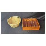 Vintage Flatware and Knife Set with Wooden Organizer, Silverplate Creamer and Wicker Basket