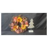 Fall Floral Wreath with Pinecones and Decorative String Art Christmas Tree