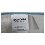 Assorted Sonoma Pillow and 3 Linens Including Yellow Geometric, Brown Stripe, and Blue Patterns