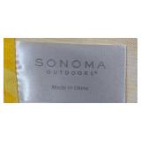 Assorted Sonoma Pillow and 3 Linens Including Yellow Geometric, Brown Stripe, and Blue Patterns