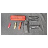Collection of Pocket Knives, Wooden Pen Set, and Accessories