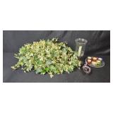 Home Decor Lot with Faux Ivy Plant, Murano Like Glass Swan Dish (label is worn), Votive Candles, and Ornate Candle Holder