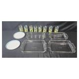 Kitchenware Set with Anchor Hocking Glass Bakeware, 8 Floral Glasses, and Crate & Barrel Plates
