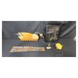 Decorative Collectibles Lot with Denver Broncos Sign, Wood Goose Rack, Arizona Piggy Bank, Miniature Cactus, and Shadow Box