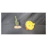 Decorative Collectibles Lot with Denver Broncos Sign, Wood Goose Rack, Arizona Piggy Bank, Miniature Cactus, and Shadow Box