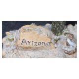 Decorative Collectibles Lot with Denver Broncos Sign, Wood Goose Rack, Arizona Piggy Bank, Miniature Cactus, and Shadow Box