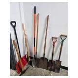 Lot of Assorted Shovels, Snow Pushers, and Yard Tools
