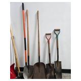 Lot of Assorted Shovels, Snow Pushers, and Yard Tools