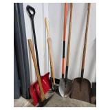 Lot of Assorted Shovels, Snow Pushers, and Yard Tools