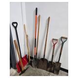 Lot of Assorted Shovels, Snow Pushers, and Yard Tools