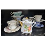 Set of Vintage Porcelain Teacups and Saucers with Sugar Bowl