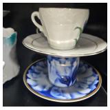 Set of Vintage Porcelain Teacups and Saucers with Sugar Bowl