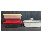 Glass Food Storage Containers and White Covered Casserole Dish