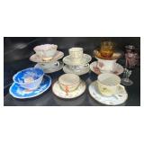 Collection of Vintage Teacups, Saucers, and Glassware Including Royal Stafford, Merit, Royal Albert