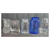 Set of 5 Assorted Glass Vases Including Blue Patterned Vase