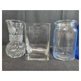 Set of 5 Assorted Glass Vases Including Blue Patterned Vase