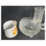 Collection of Vintage Glassware and Ceramics Including Pitcher, Bowls, and Decorative Cup