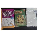 Board Game and Book Lot with Puzzles, Word Games, and Vintage Cards
