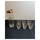 Vintage Glass Cocktail Shaker and 6 Matching Shot Glasses with Gold Trim